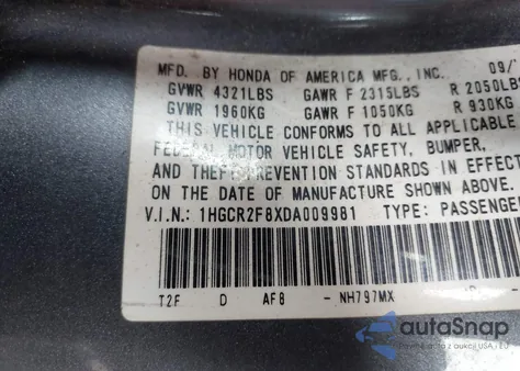 2013 Honda Accord Ex-L z USA, uszkodzony, nr VIN 1HGCR2F8XDA009981